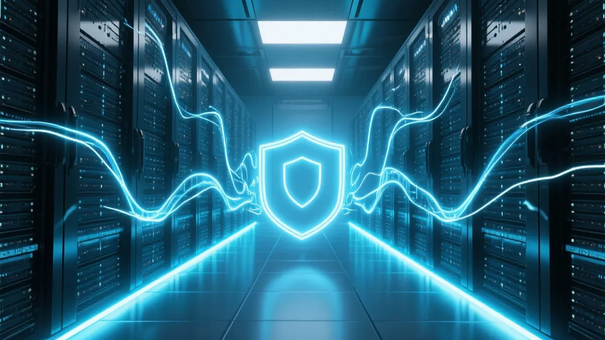 象征数据安全与存储的服务器机房抽象示意图,光线在服务器间流动